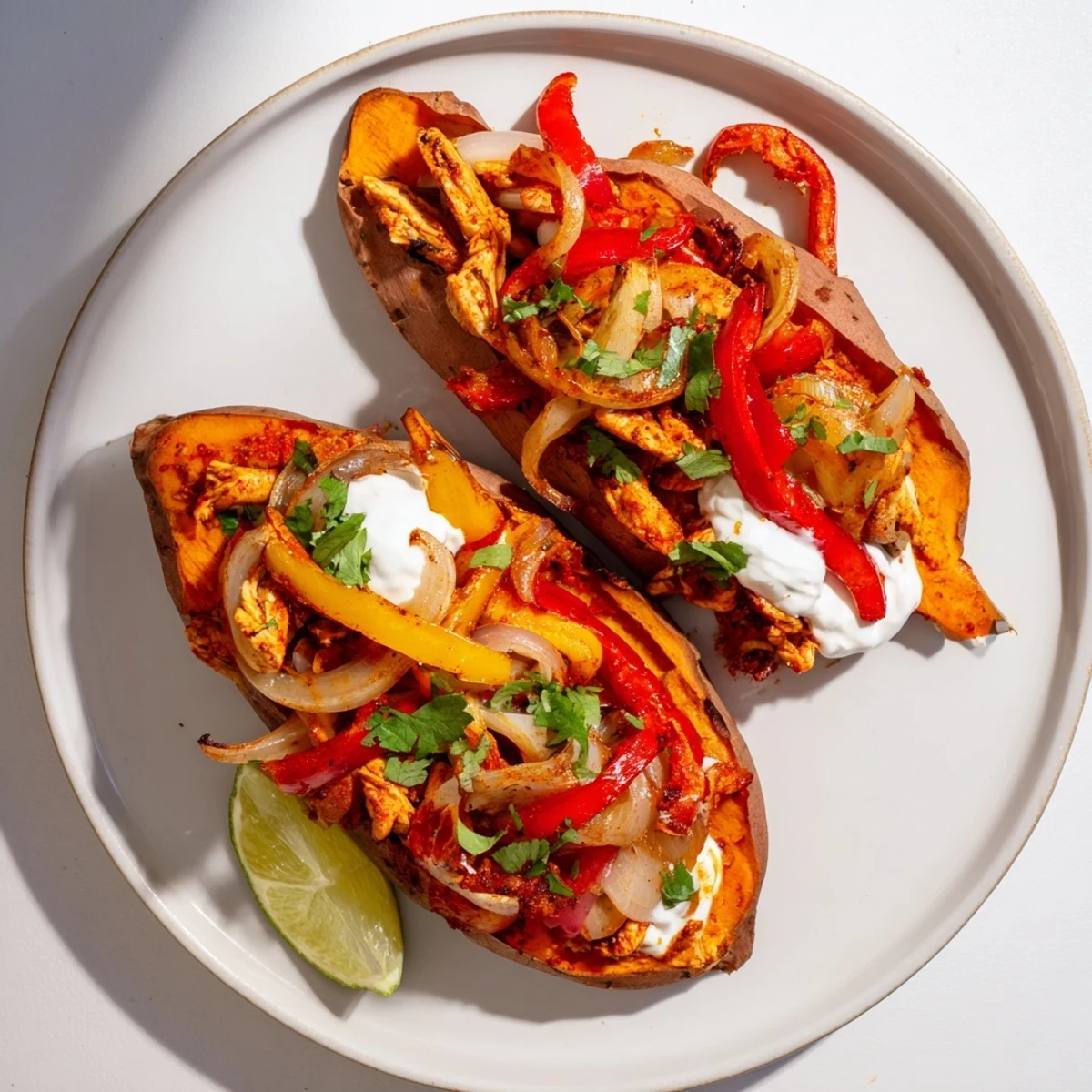 Steaming Chicken Fajita Stuffed Sweet Potatoes, a colorful Tex-Mex feast topped with fresh cilantro.