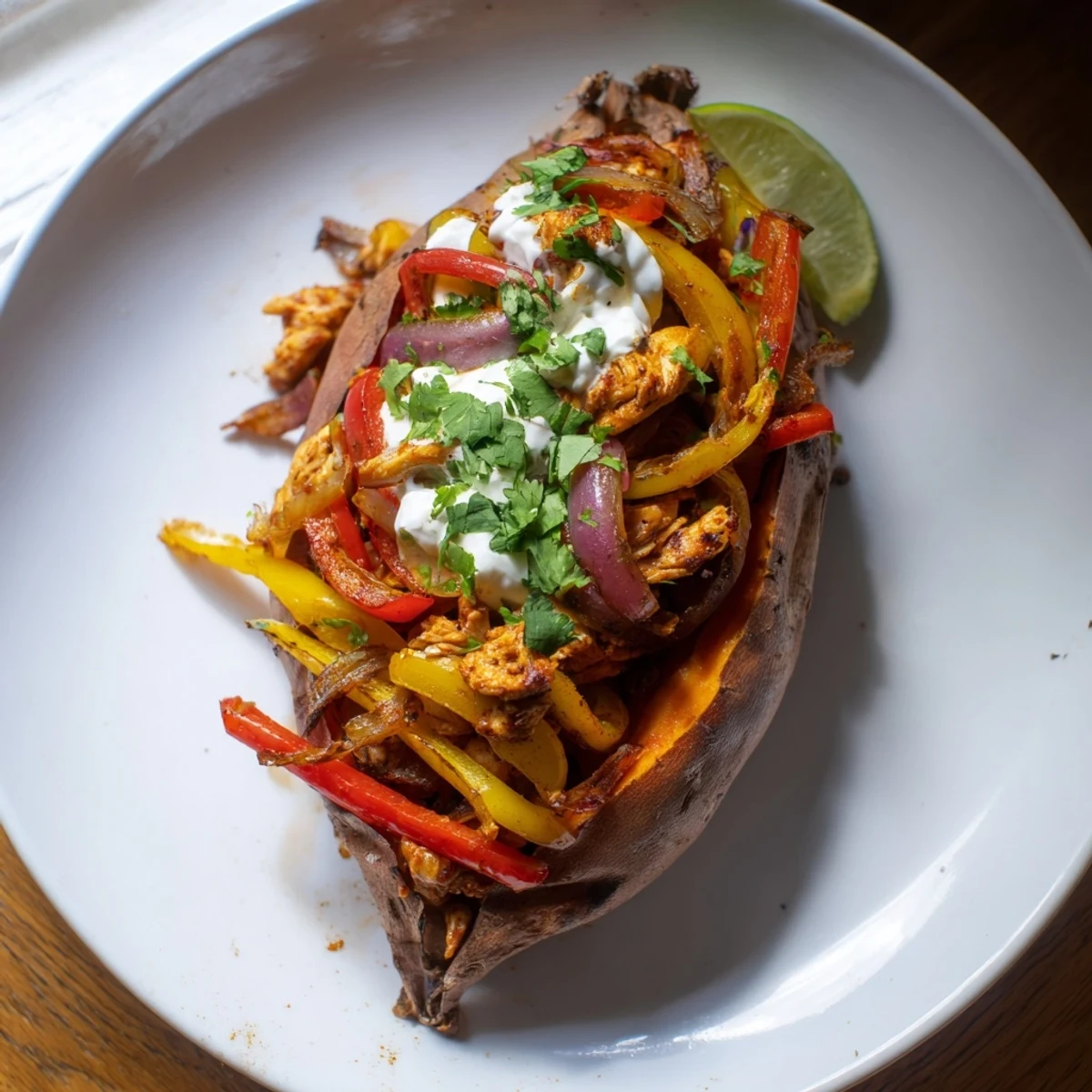 Golden, roasted Chicken Fajita Stuffed Sweet Potatoes, bursting with savory chicken and peppers, ready to be enjoyed.