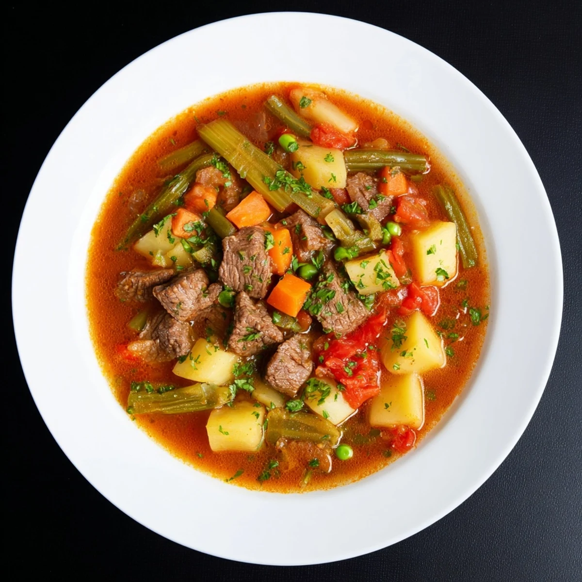 Steaming bowl of Beef Vegetable Soup with potatoes, a hearty, comforting American classic.