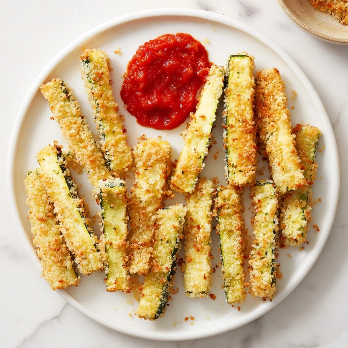 Golden-brown baked zucchini fries ready to be dipped into vibrant marinara sauce, perfect appetizer.