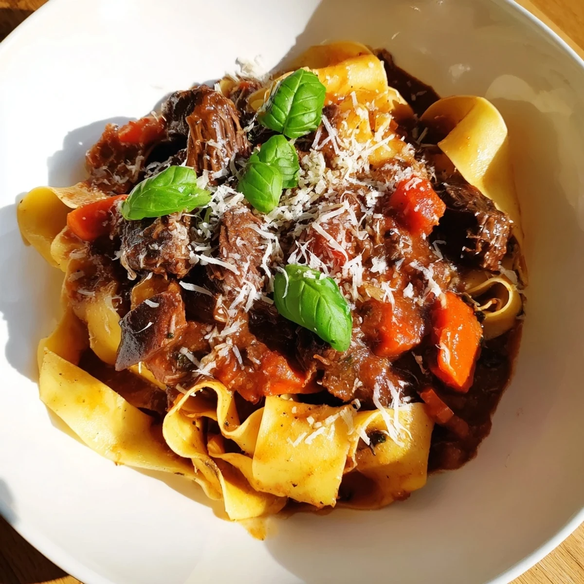 Tender, slow-cooked beef ragu, rich with red wine, ladled generously over pappardelle noodles.
