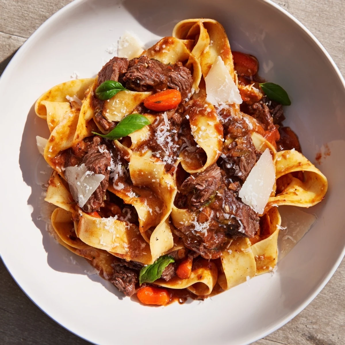 Close-up of a rustic plate of slow cooker beef ragu with pappardelle and a sprinkle of Parmesan.