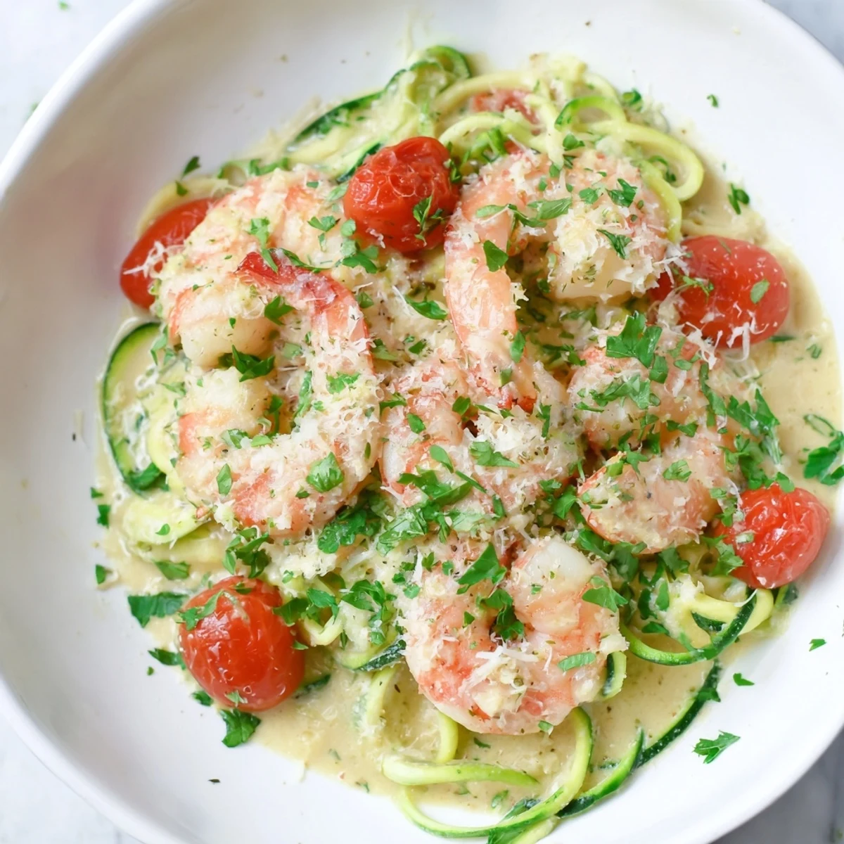 Creamy garlic shrimp with zucchini noodles: a close-up of the saucy, shrimp-filled pasta dish with tomatoes.