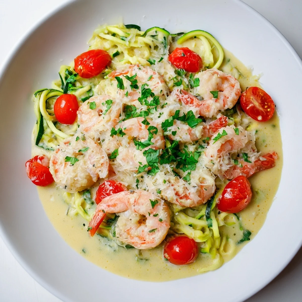 Image shows a bowl of creamy garlic shrimp with zucchini noodles, ready to be enjoyed as a low-carb entree.