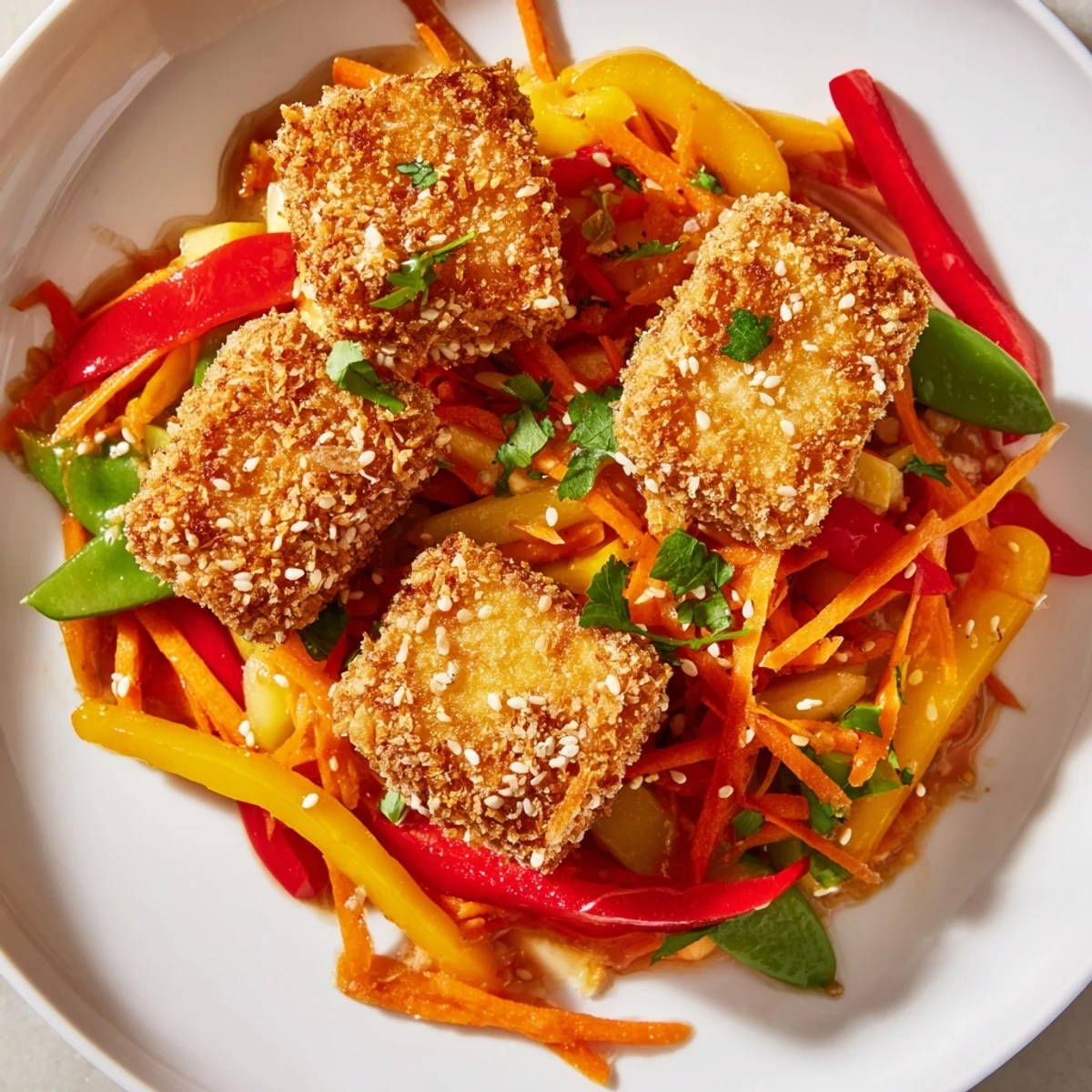 Imagine a plate of flavorful crispy coconut tofu served with fresh, vibrant stir-fried vegetables.