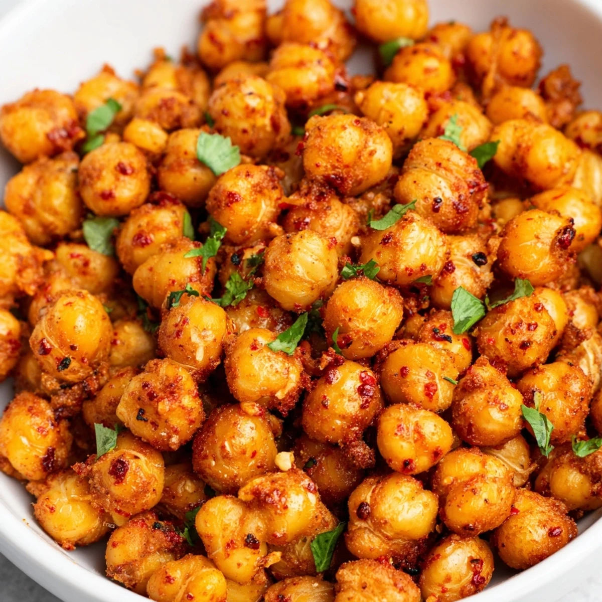 Freshly roasted spicy roasted chickpeas with cumin and chili garnished with cilantro and lime wedges.