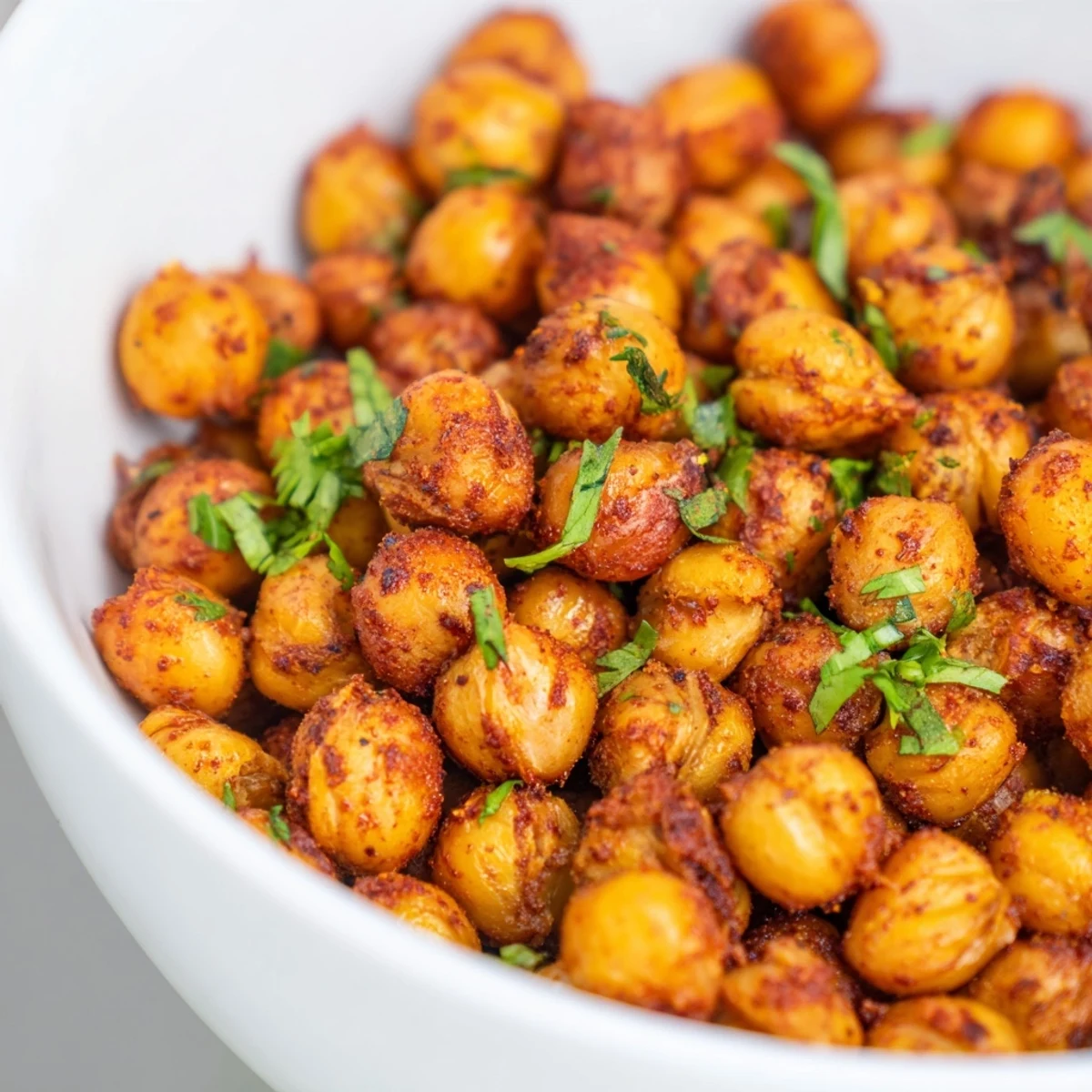 Golden-baked spicy roasted chickpeas with cumin and chili served warm as a healthy snack.