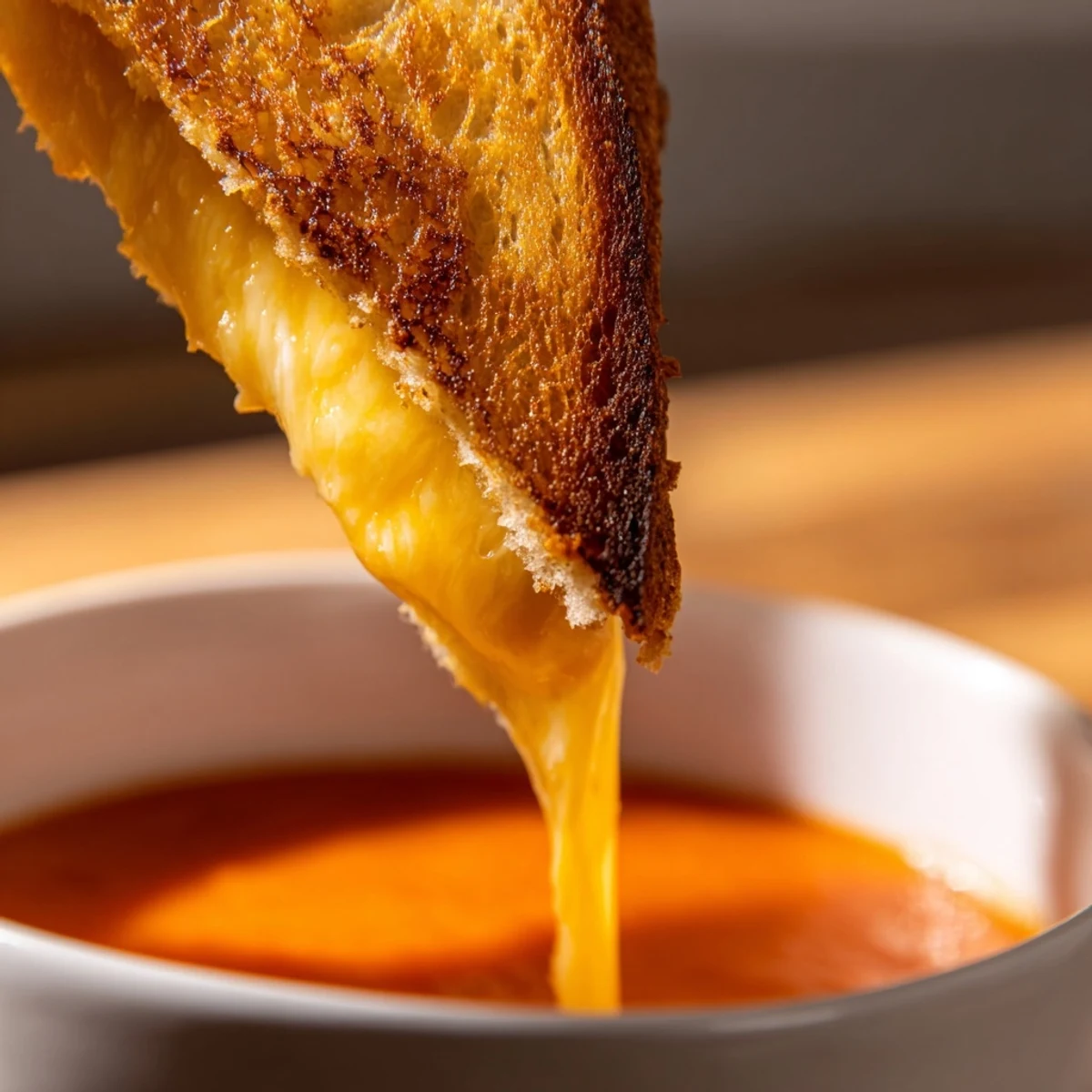 Creamy Tomato Soup with Grilled Cheese Dippers served steaming hot in a rustic bowl with golden dippers ready for dipping.