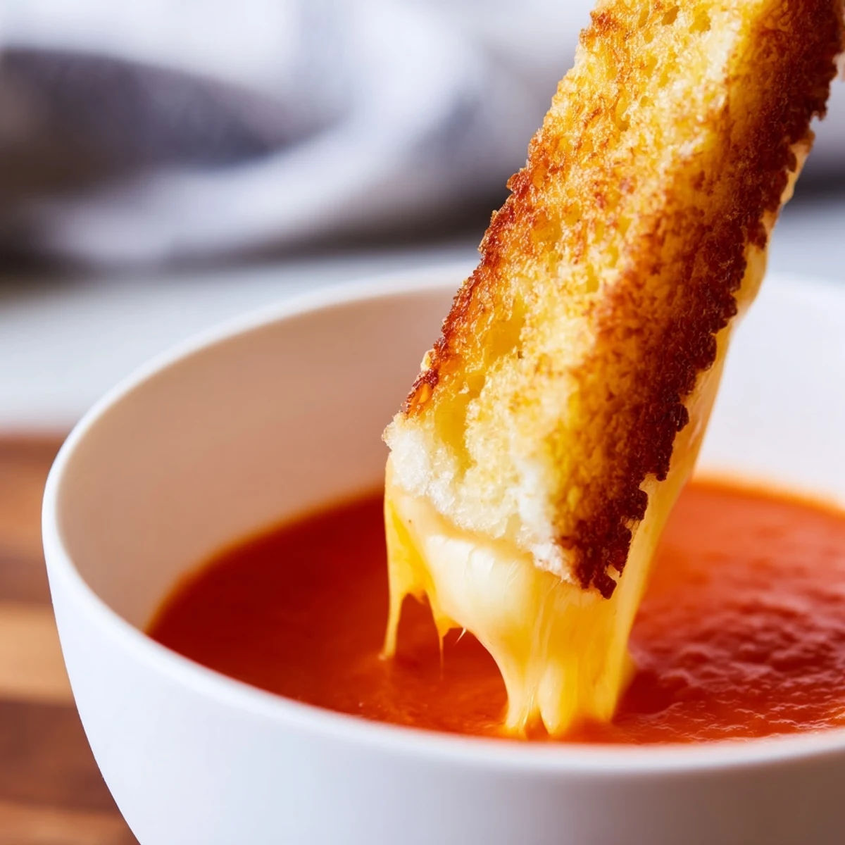 Velvety Creamy Tomato Soup with Grilled Cheese Dippers garnished with basil beside crunchy, melty sandwich strips on a wooden table.