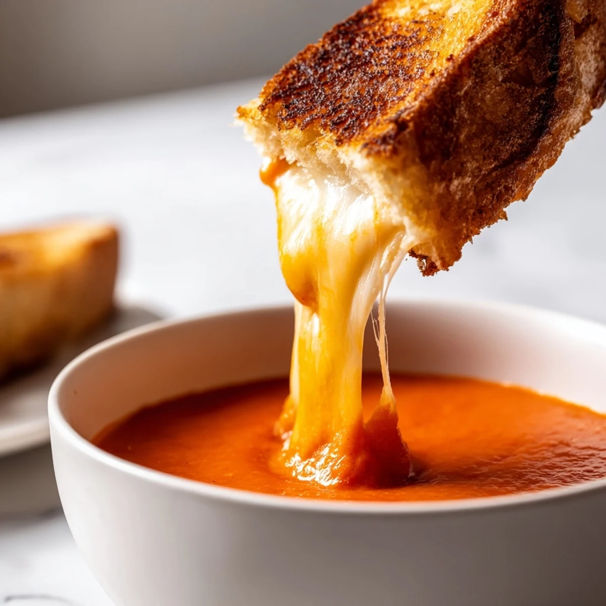 Comforting Creamy Tomato Soup with Grilled Cheese Dippers in a white bowl with a glass of Sauvignon Blanc nearby.