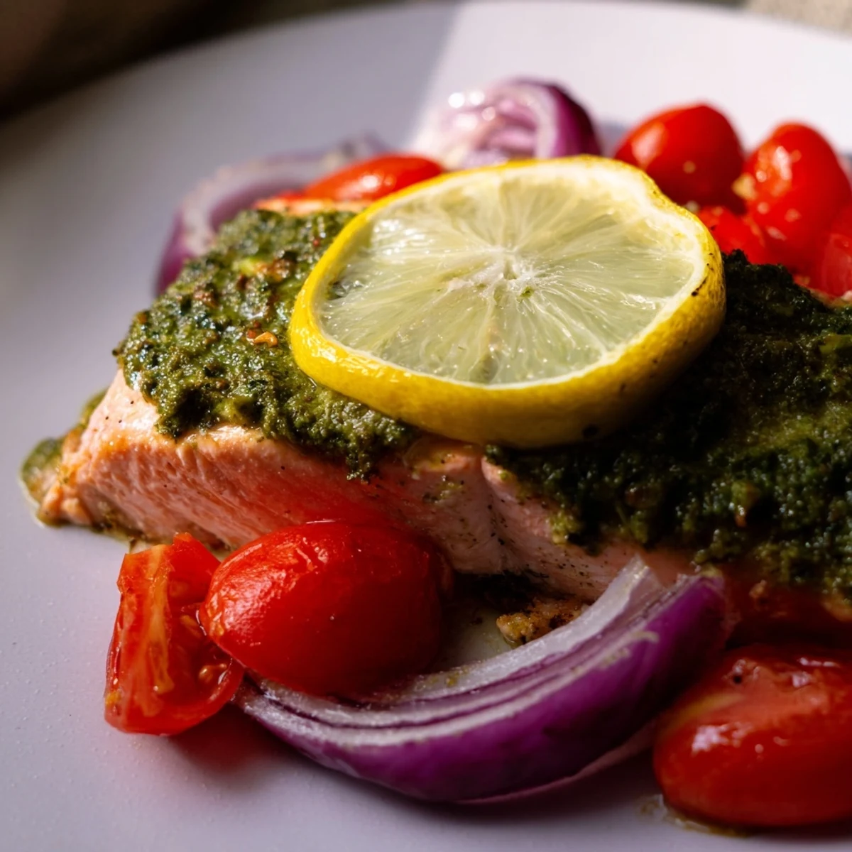 Serving suggestion for baked salmon with pesto and cherry tomatoes, plated with fresh basil and a lemon wedge.