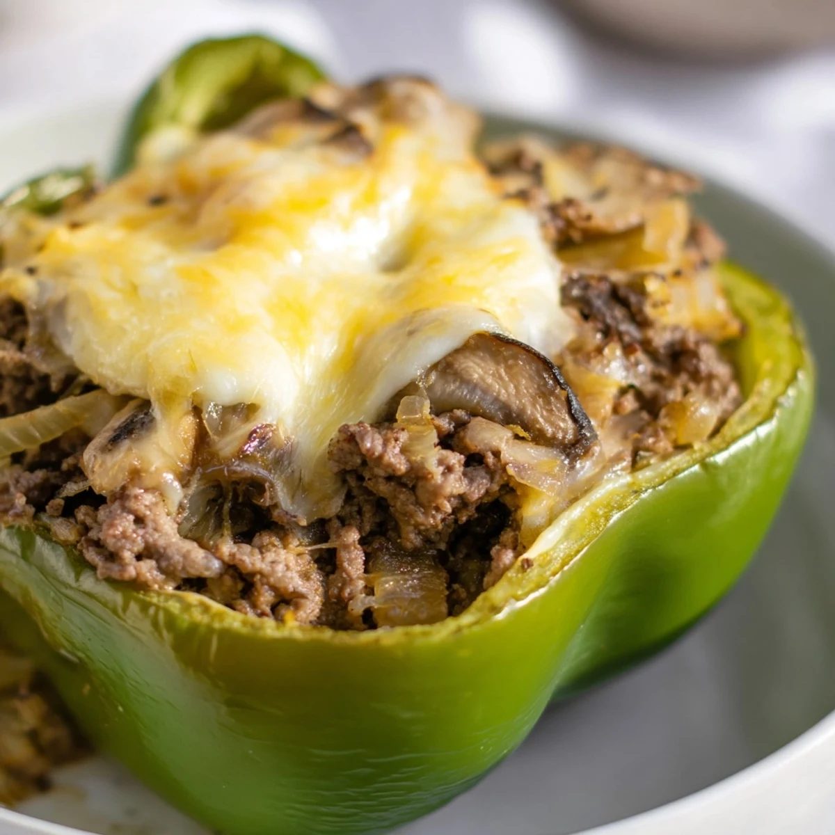 Four halves of Beef Philly Cheesesteak Stuffed Peppers on a plate, ready to serve with a fresh salad.