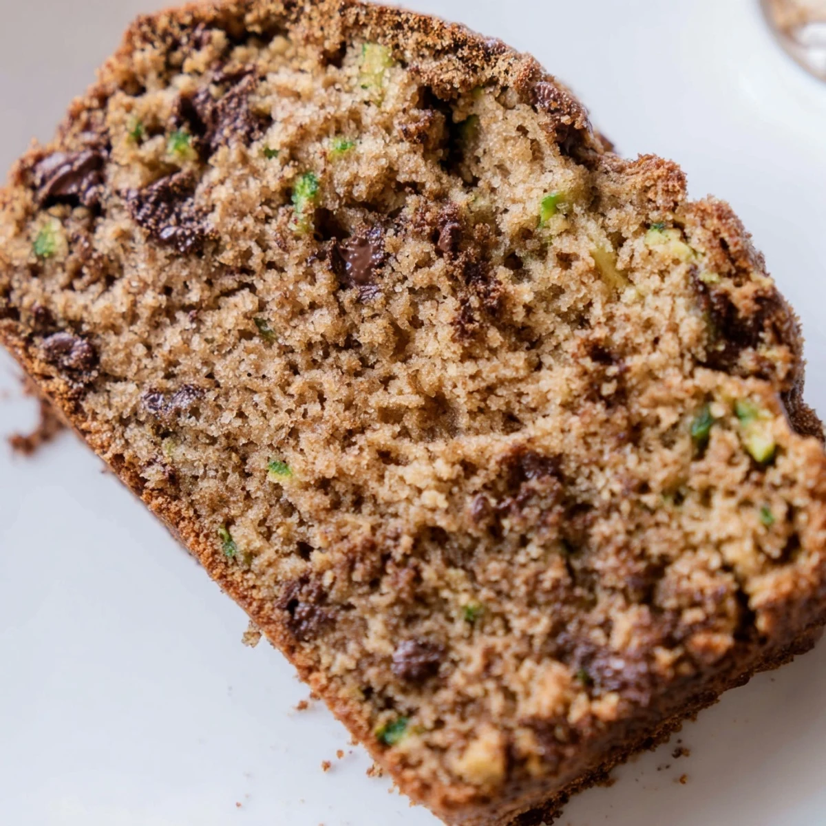 Moist slices of Chocolate Chip Zucchini Bread with visible zucchini shreds and melted chocolate, served on a white plate.