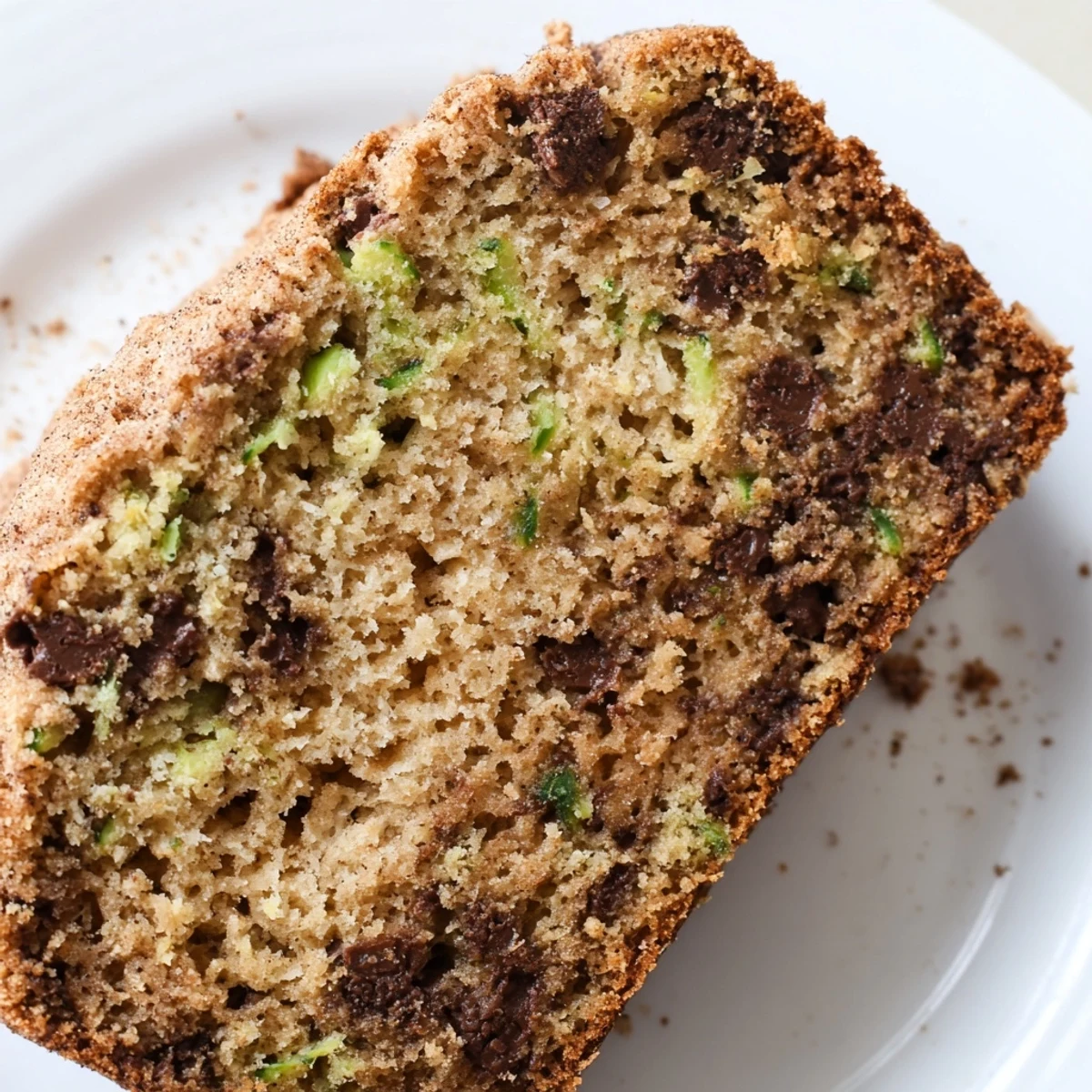 Freshly baked Chocolate Chip Zucchini Bread with cinnamon and chocolate chips on a wooden cutting board, great for breakfast or snacking.