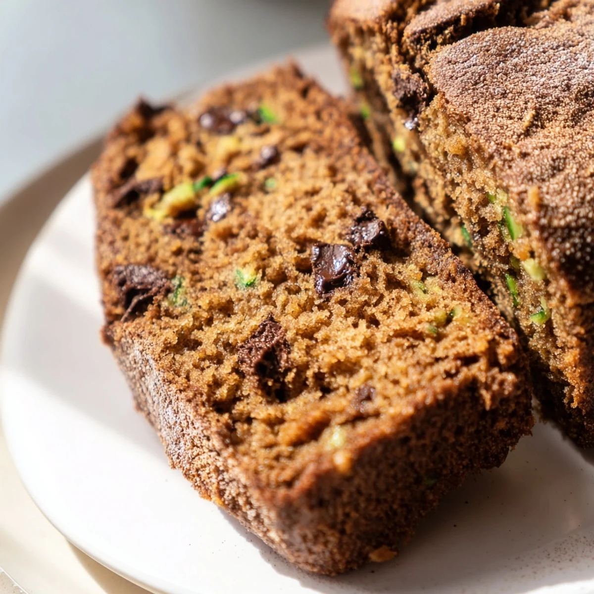 A loaf of warm Chocolate Chip Zucchini Bread dusted with cinnamon sugar, sliced to show its tender crumb.