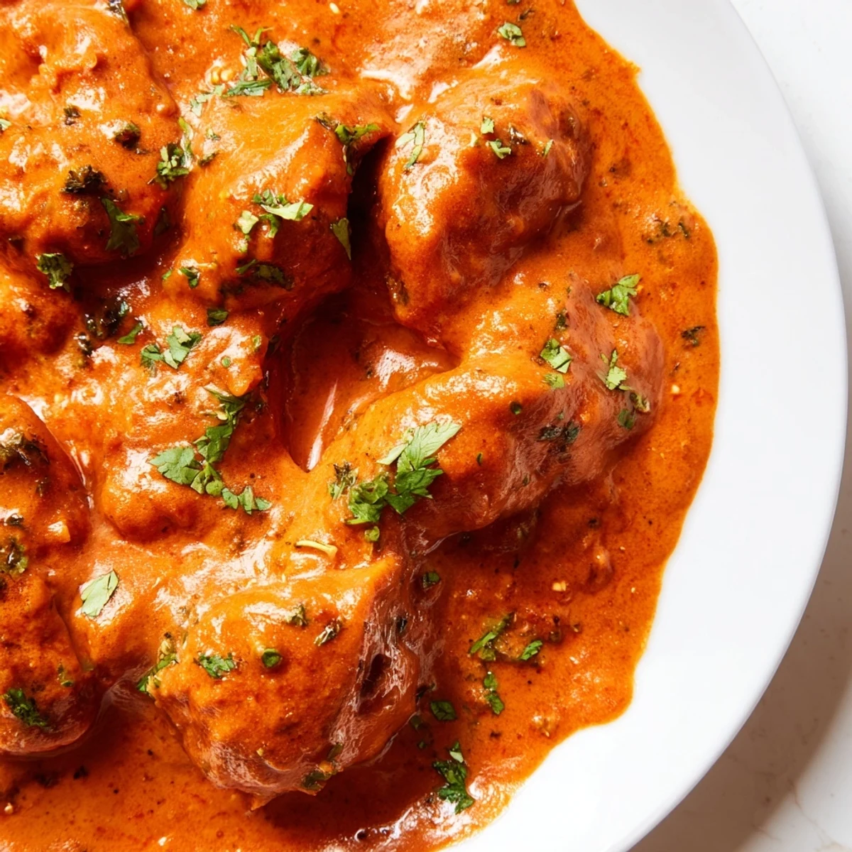 A warm plate of Chicken Tikka Masala with Basmati Rice and Naan, garnished with fresh cilantro and creamy orange sauce. 
