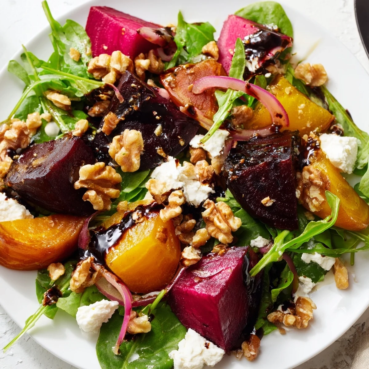 Roasted Beet Salad with Goat Cheese Crumbles arranged on greens with a tangy vinaigrette for a vibrant side dish.