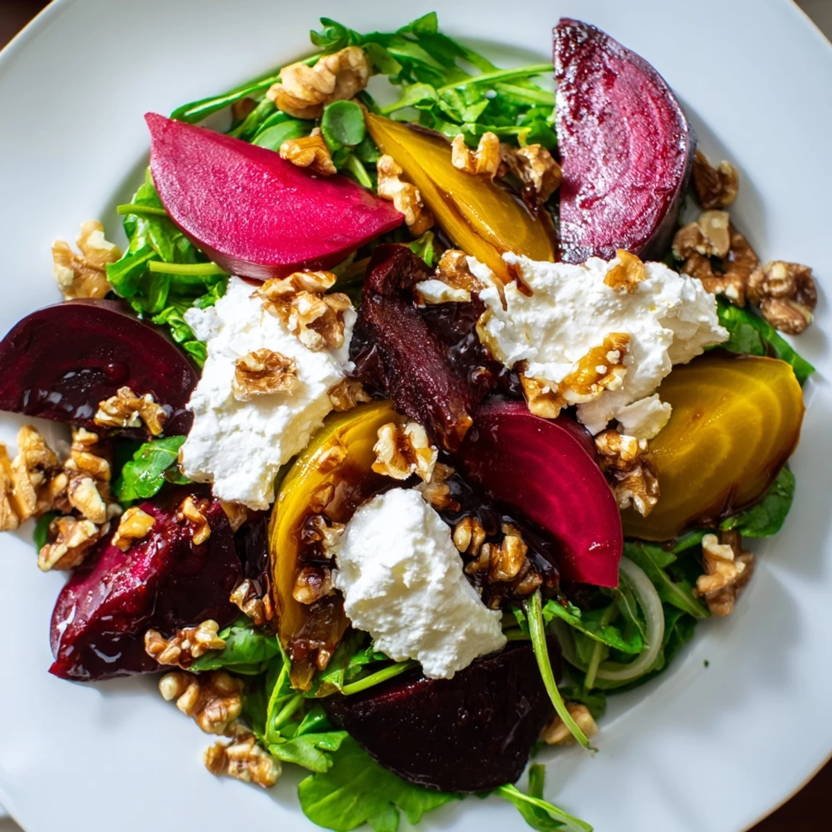 Roasted Beet Salad with Goat Cheese Crumbles plated with golden and red beets for a colorful, fresh presentation.