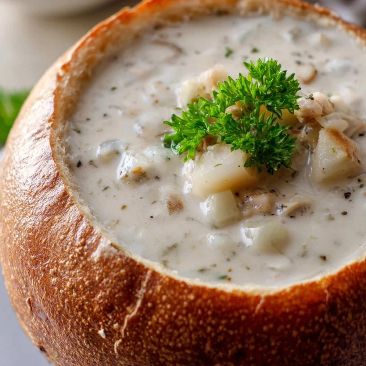 A ladle of Creamy Clam Chowder in Sourdough Bread Bowl with visible potato chunks, celery, and herbs on a rustic table.