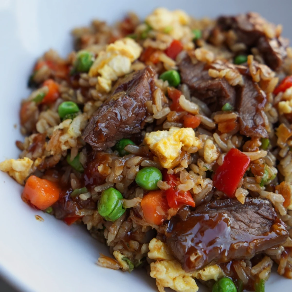 A close-up of Beef Fried Rice with Mixed Vegetables and Egg, showcasing fluffy rice, tender beef strips, peas, carrots, and scrambled egg.