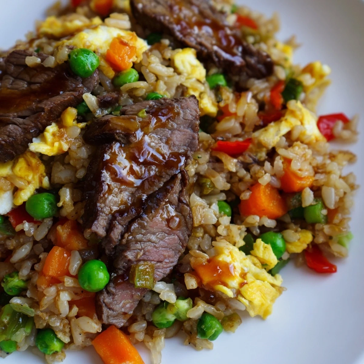 Wok-fried Beef Fried Rice with Mixed Vegetables and Egg on a rustic table, featuring colorful veggies and savory soy sauce steam.