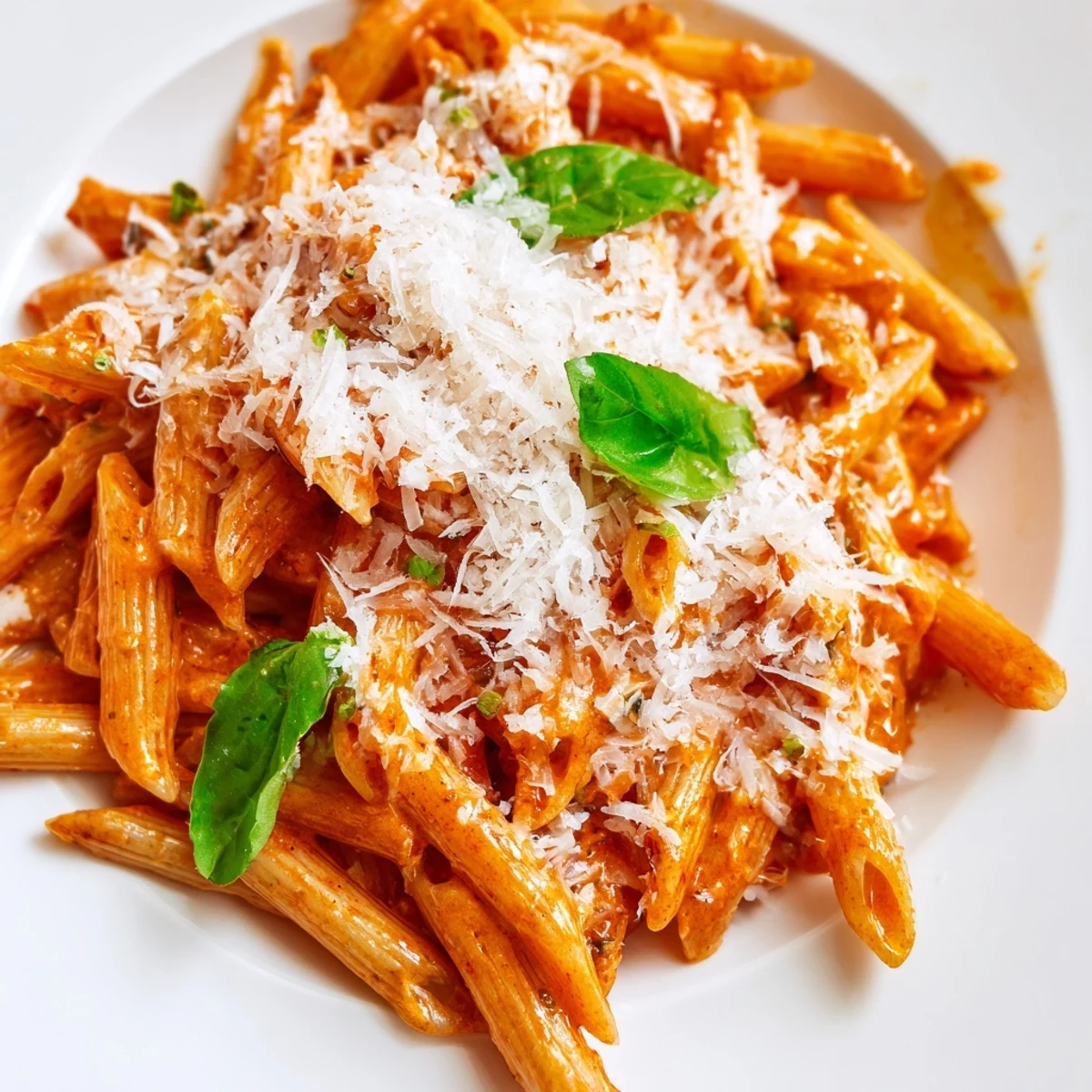 Creamy Tomato Pasta with Fresh Basil Leaves twirls penne in a silky tomato cream sauce, garnished with torn basil.