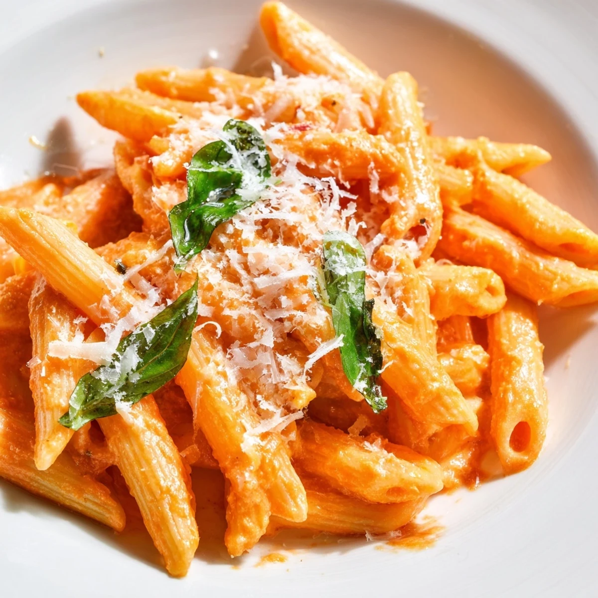 Easy Creamy Tomato Pasta with Fresh Basil Leaves paired with crisp white wine for a cozy vegetarian dinner.