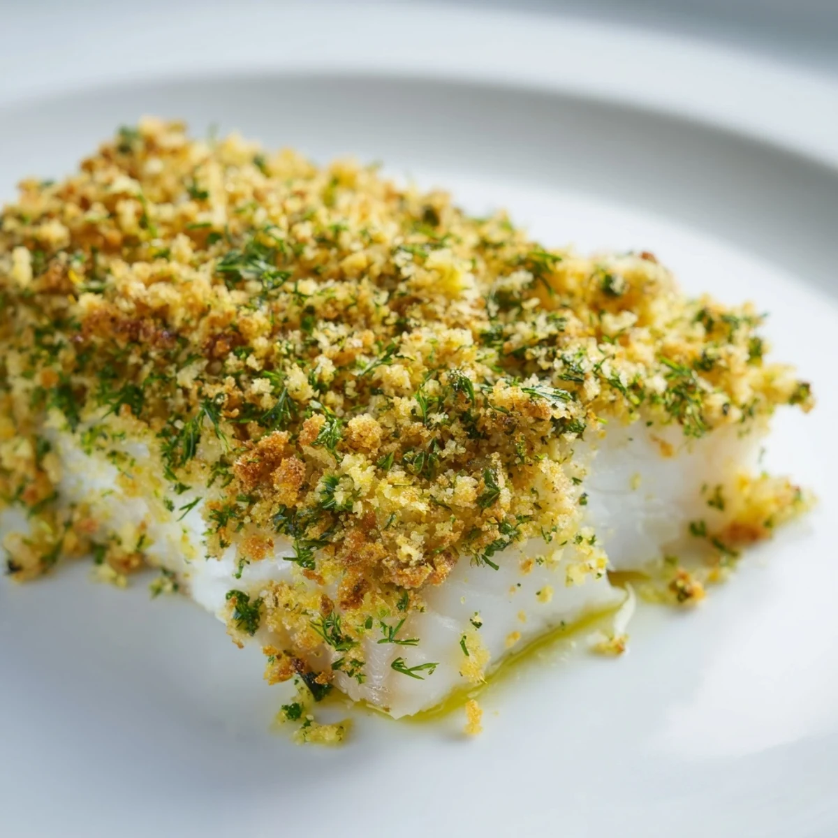 Golden-brown Baked Hake with Lemon and Herb Crust fillets, topped with a vibrant green herb and breadcrumb mixture, resting on a white plate.