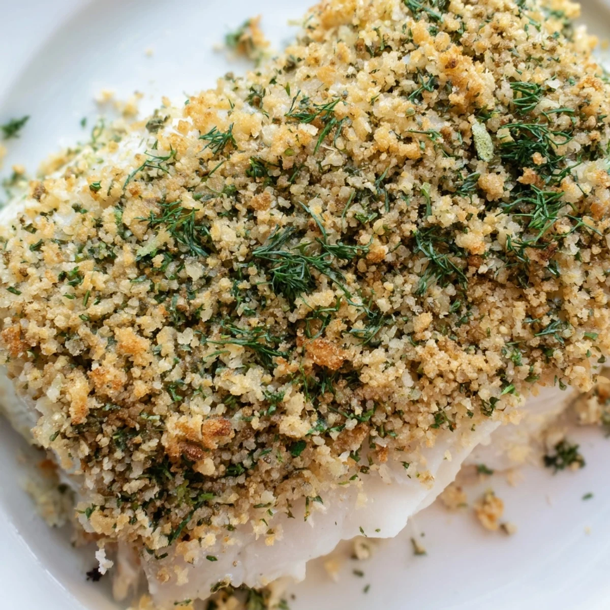 Perfectly plated Baked Hake with Lemon and Herb Crust garnished with fresh parsley and lemon wedges, ideal for a light Mediterranean dinner.