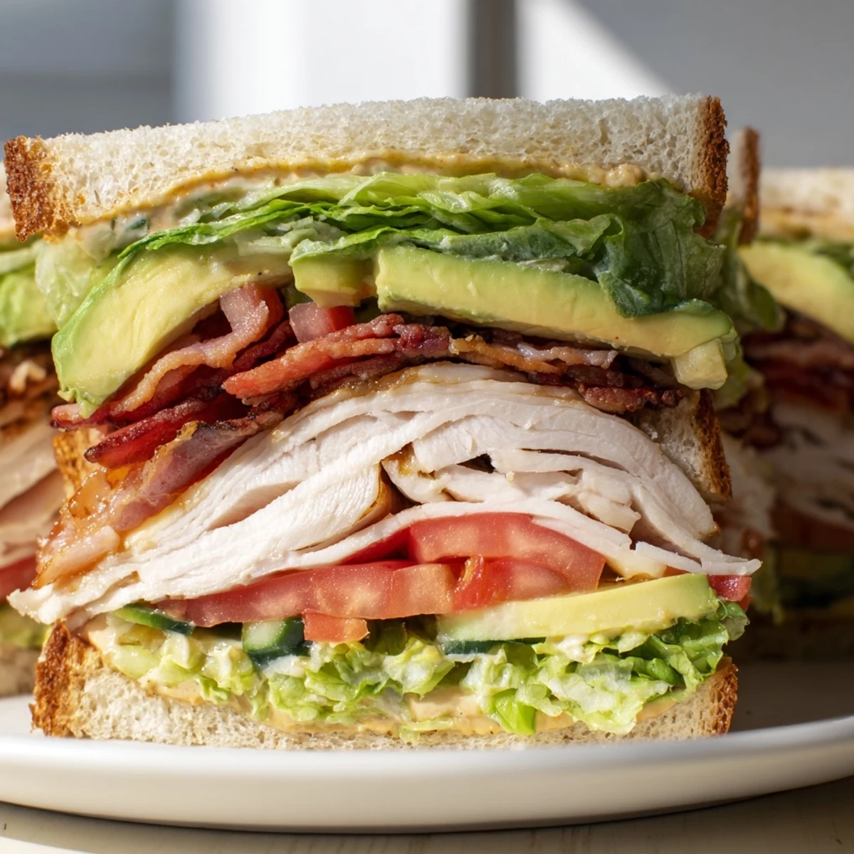 Golden-brown toasted bread holds roasted turkey, crispy turkey bacon, and fresh avocado slices for a delicious Turkey Club Sandwich.