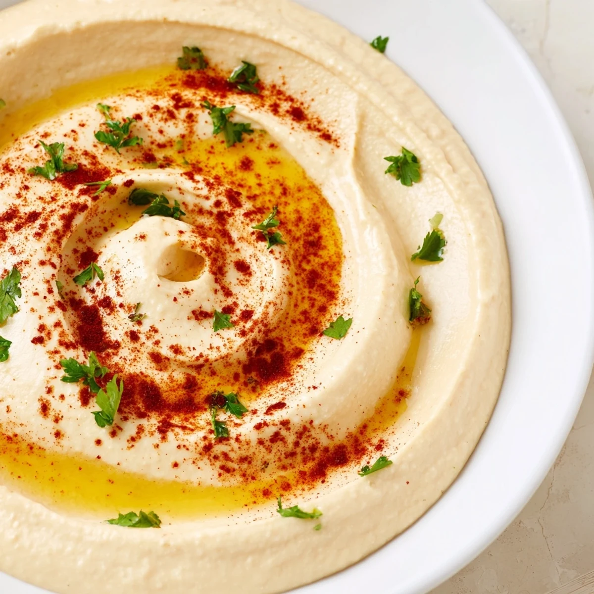 Creamy Mediterranean Hummus Platter with fresh veggies, olives, and lemon wedges on a rustic wooden table.