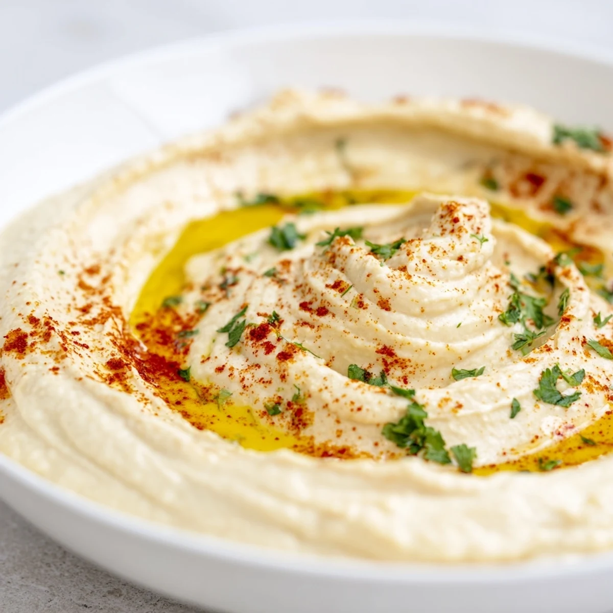 Ready-to-serve Mediterranean Hummus Platter with parsley garnish, perfect for a healthy vegan appetizer.