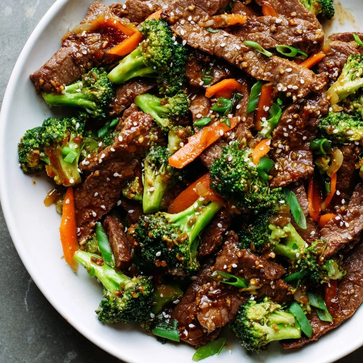 Freshly prepared Beef and Broccoli Stir Fry with Garlic Soy Sauce featuring crisp broccoli florets and marinated beef slices on a rustic wooden table.