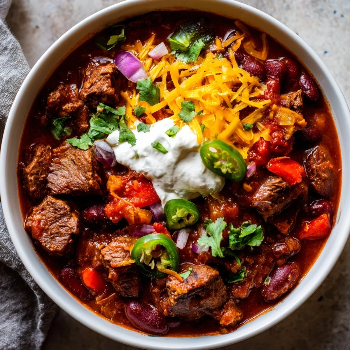 Slow cooker beef chili with kidney beans bubbling in a ceramic insert, tender beef chunks simmering in a rich, spiced tomato sauce.