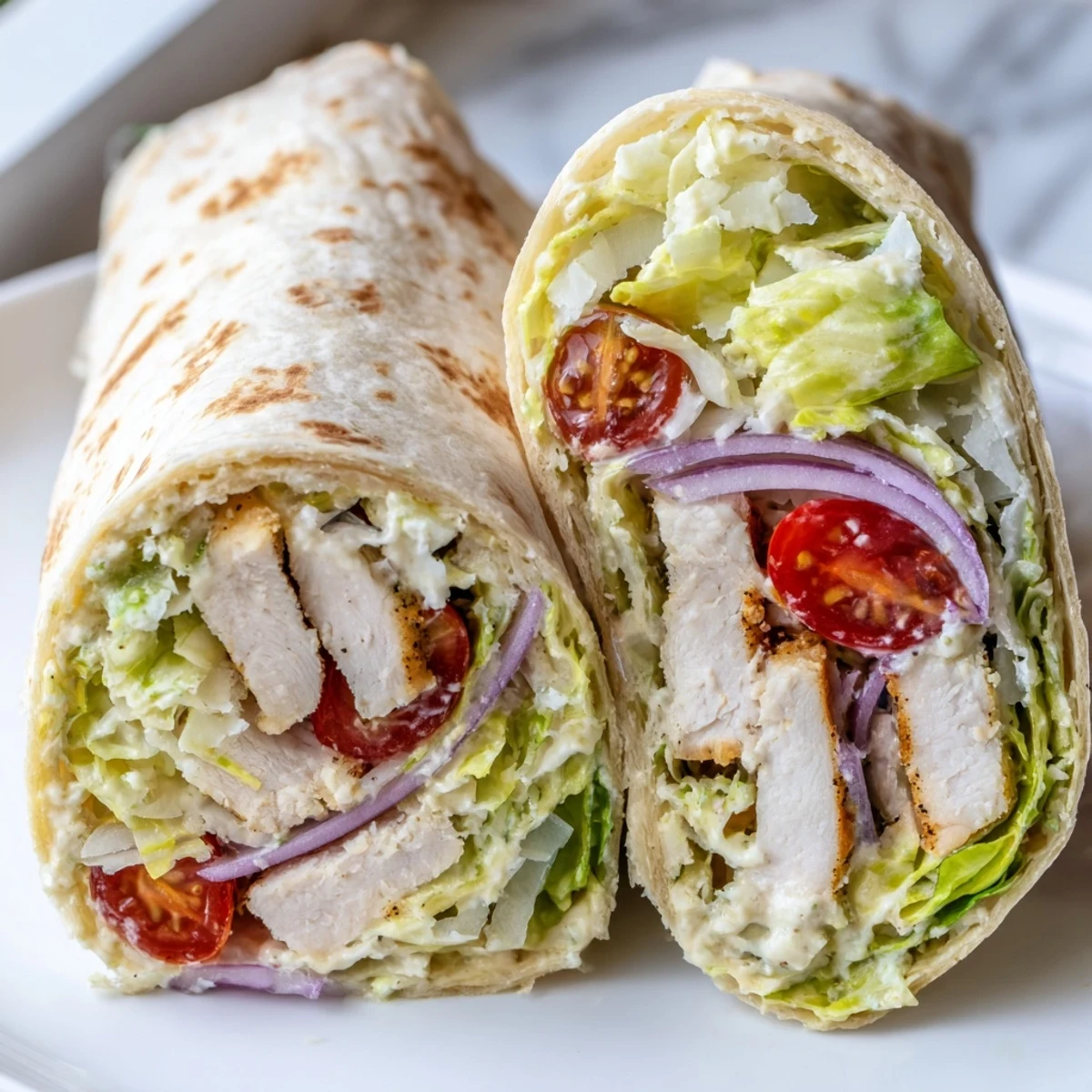Golden-brown grilled chicken slices rest on crisp romaine inside a soft tortilla, topped with shaved Parmesan for a classic Chicken Caesar Wrap. 