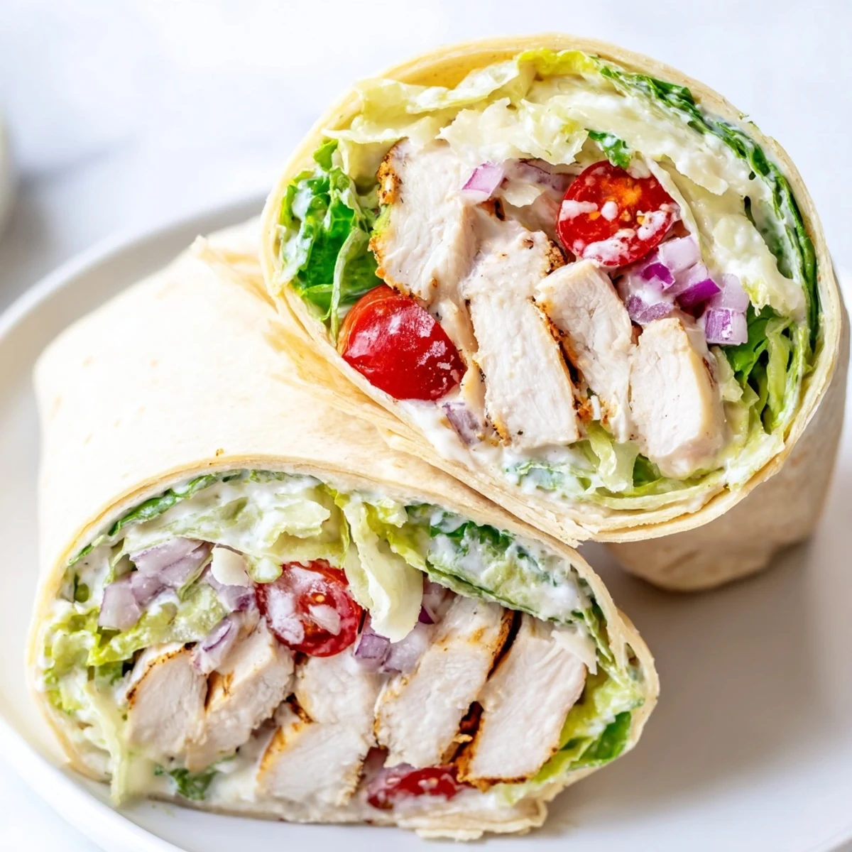 Close-up of a soft flour tortilla wrapped around grilled chicken, shaved Parmesan, and romaine for a hearty Chicken Caesar Wrap.
