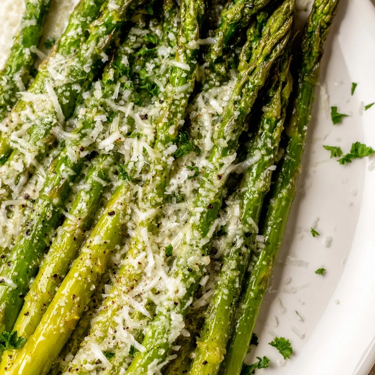 Close-up of Garlic Parmesan Roasted Asparagus Spears, featuring golden, crispy tips and melted cheese on a rustic serving platter.