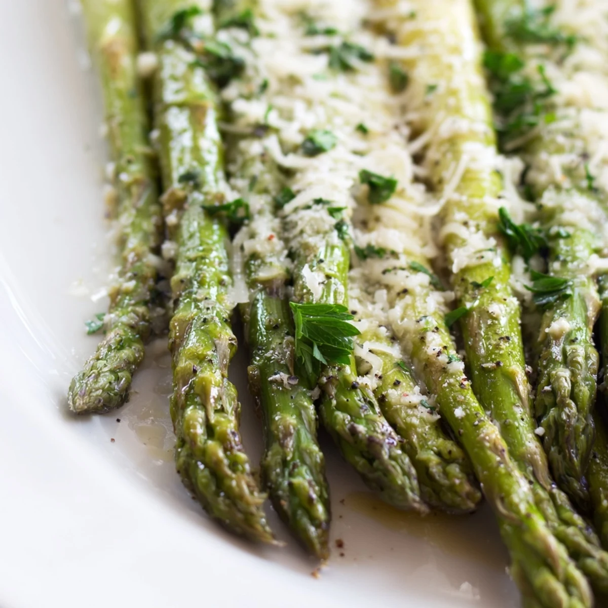 Freshly baked Garlic Parmesan Roasted Asparagus Spears glistening with olive oil, minced garlic, and savory Parmesan cheese.
