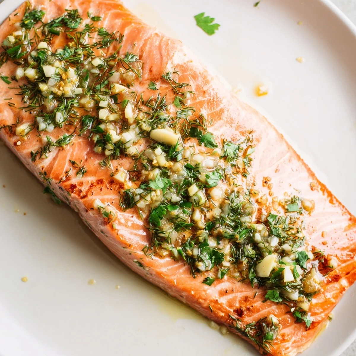 Fork-tender Lemon Herb Grilled Salmon Fillet rests on a plate, garnished with fresh dill and bright lemon wedges. 