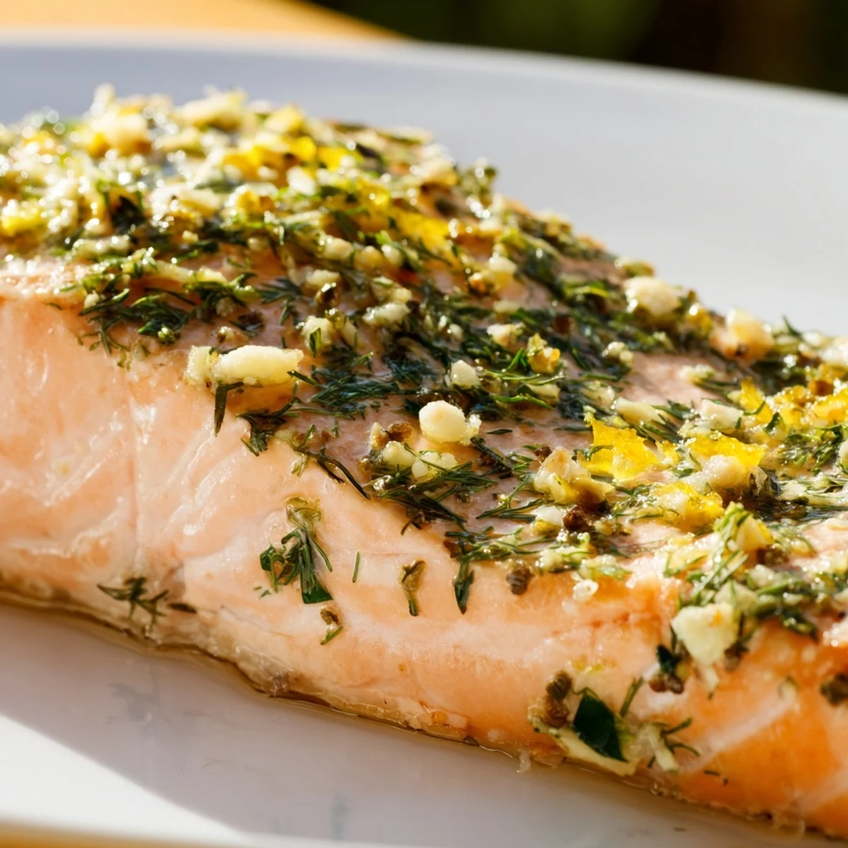 A plated Lemon Herb Grilled Salmon Fillet paired with roasted asparagus, drizzled with extra virgin olive oil.