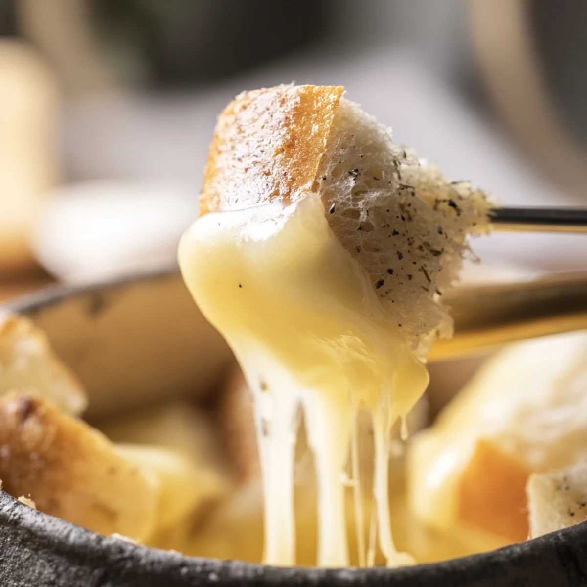 Savory Cheese Fondue steaming in a traditional pot, surrounded by rustic bread cubes ready for dipping.