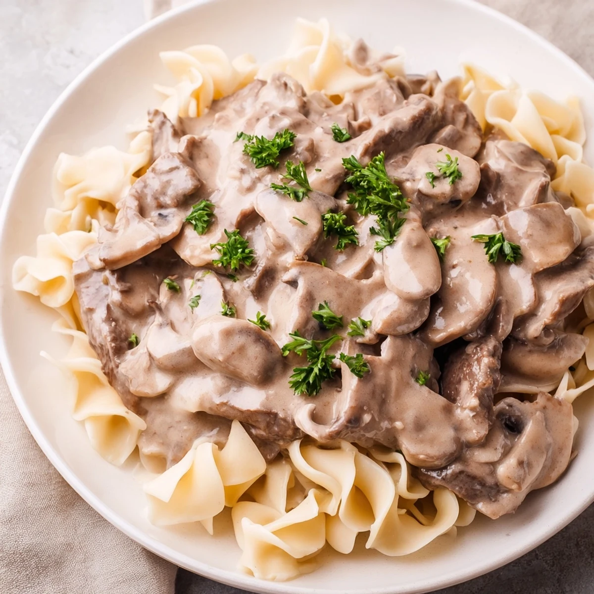 Steaming Beef and Mushroom Stroganoff with Cream is served over tender egg noodles, garnished with fresh parsley.