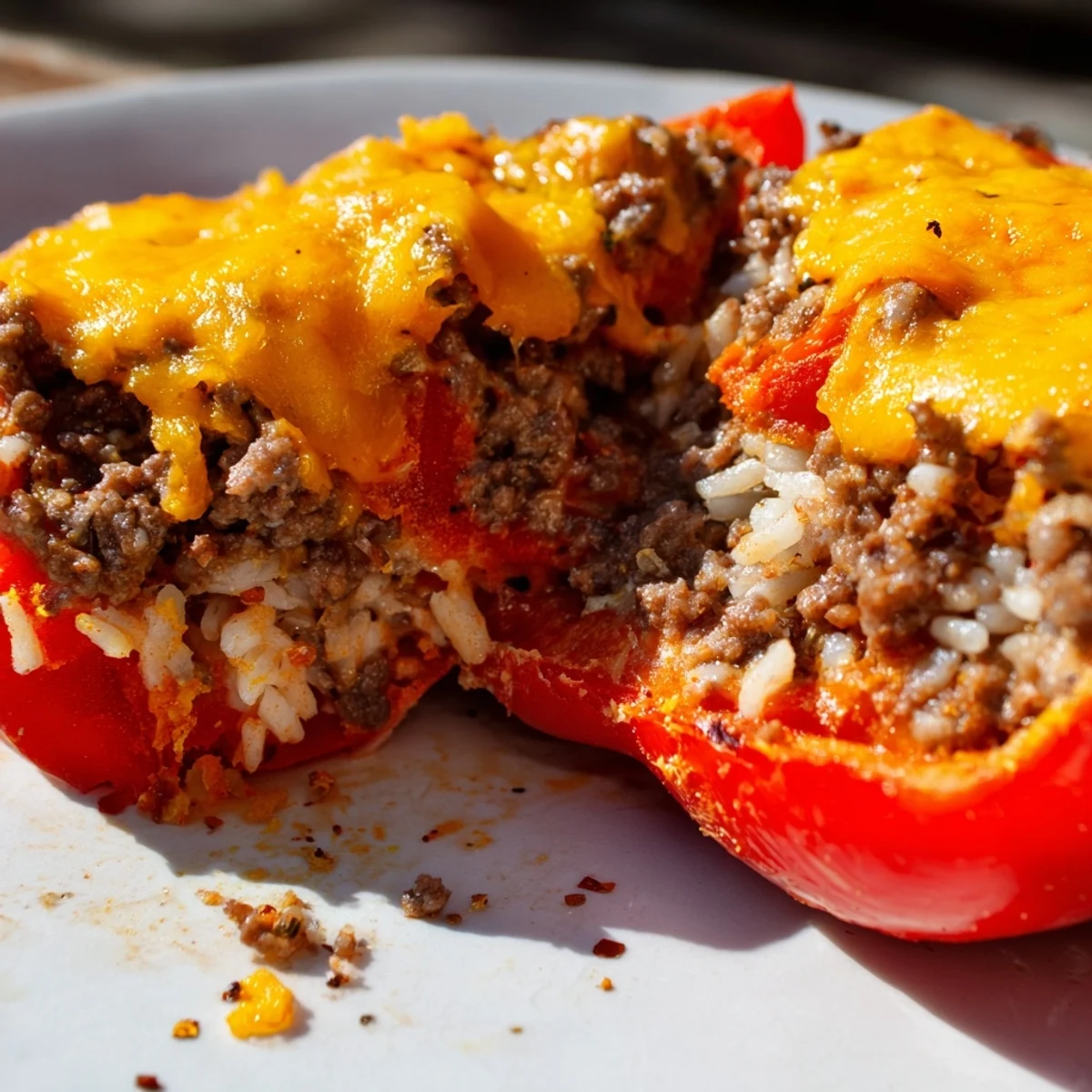 Fully cooked baked stuffed bell peppers with beef and cheese, resting in a ceramic baking dish.