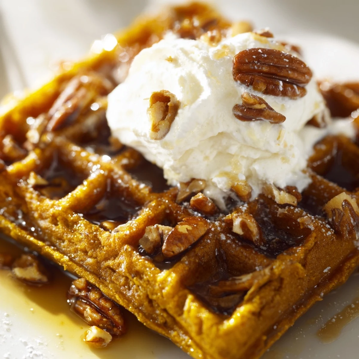 Golden-brown Gingerbread Waffles with Maple Syrup steam on a plate, paired with a mug of coffee.