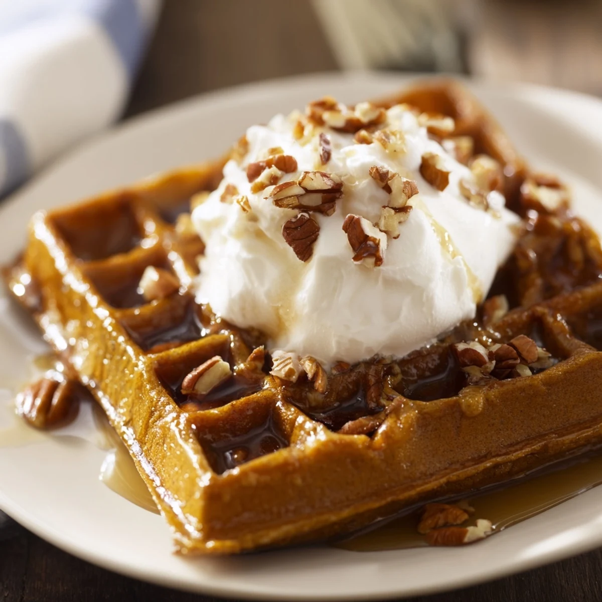 A close-up shows the fluffy crumb of Gingerbread Waffles with Maple Syrup drizzled with syrup.