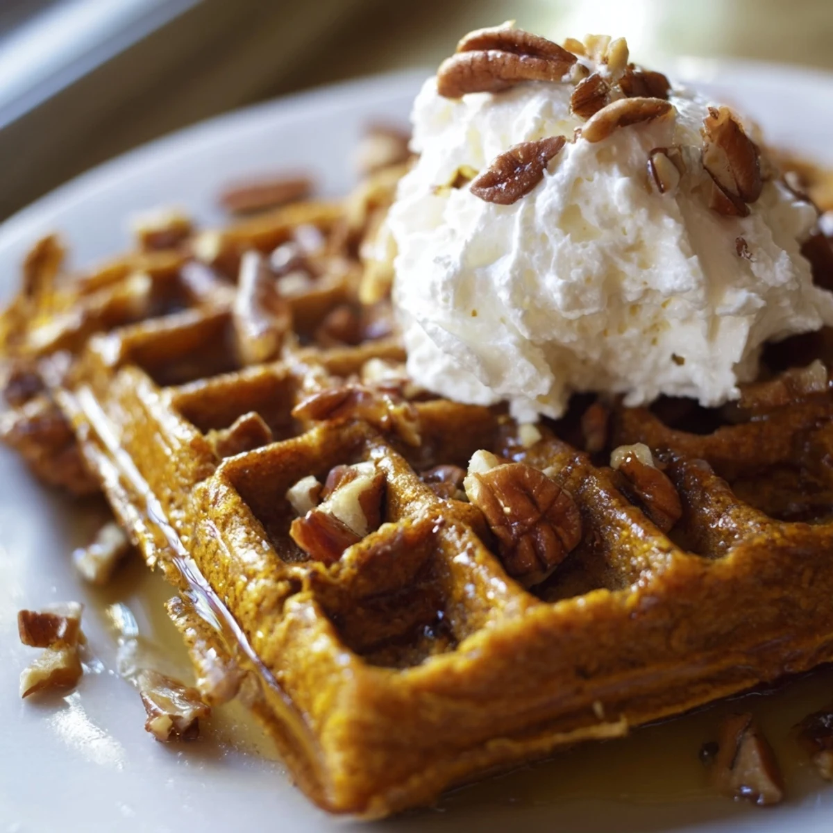 Freshly made Gingerbread Waffles with Maple Syrup are topped with whipped cream and chopped pecans.