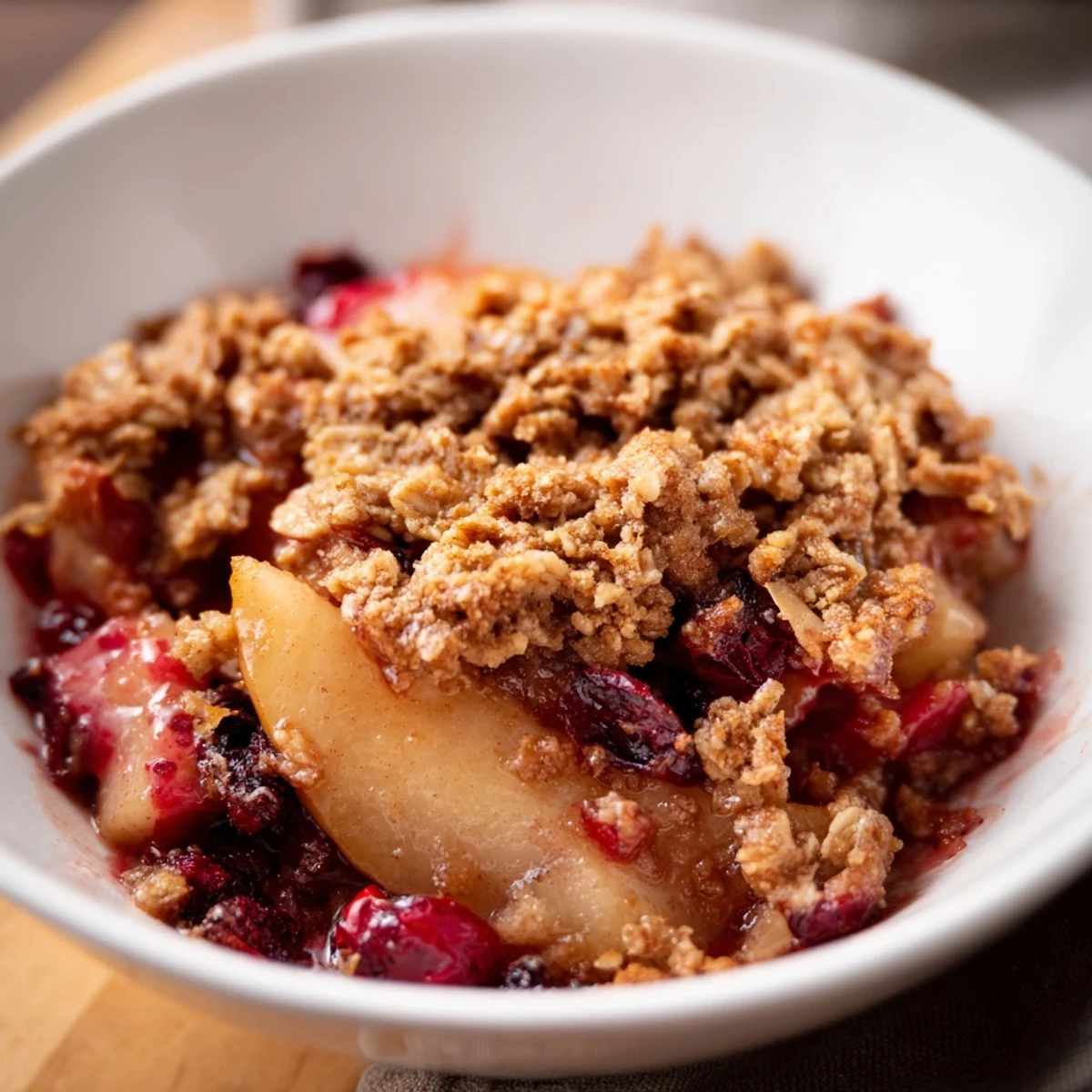 Freshly baked Spiced Pear and Cranberry Crumble cooling on a wire rack, with golden oat topping and bubbling red fruit filling in a rustic ceramic dish.