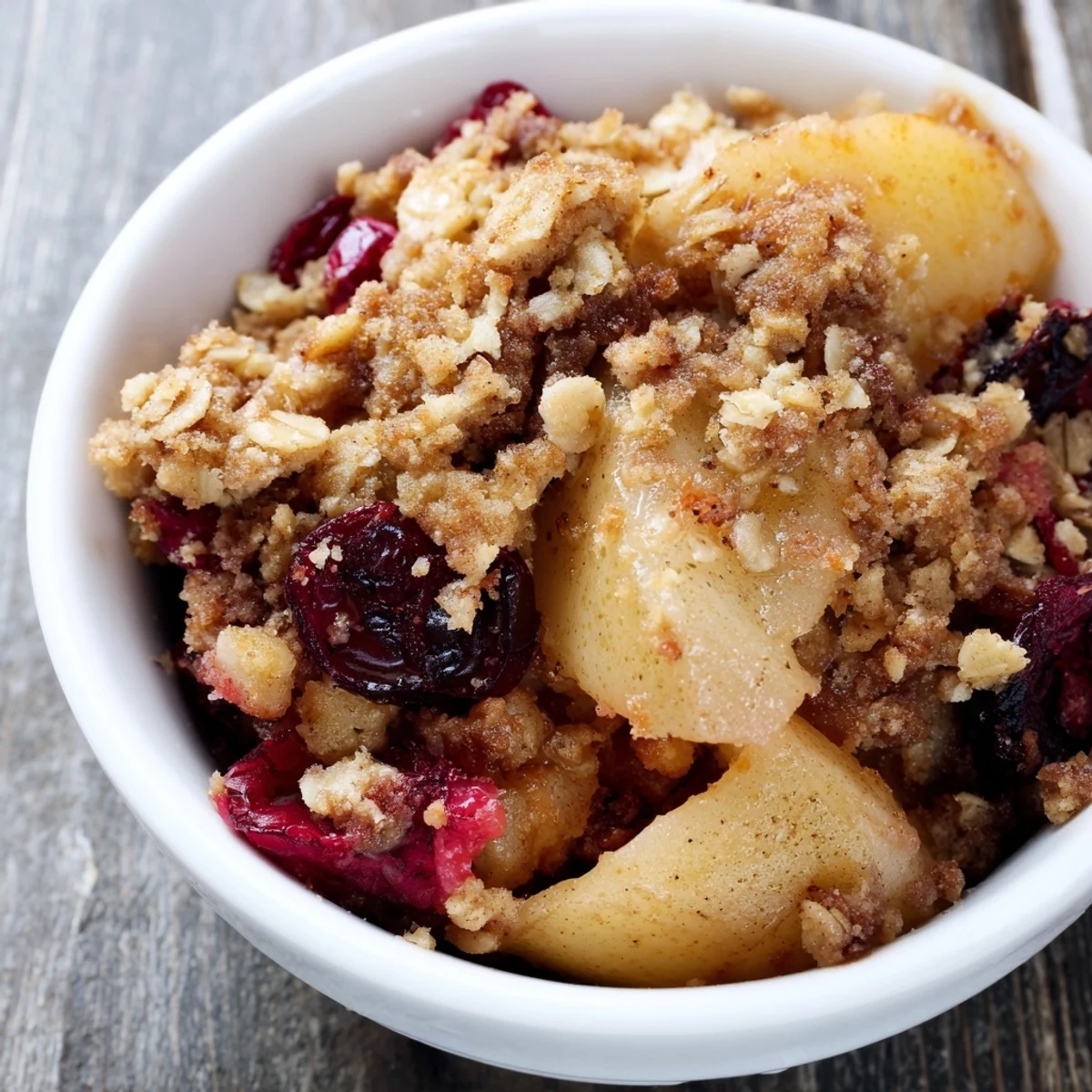 Cozy Spiced Pear and Cranberry Crumble served warm in a baking dish, spooned into a bowl with vanilla ice cream melting over the tender, aromatic fruit.
