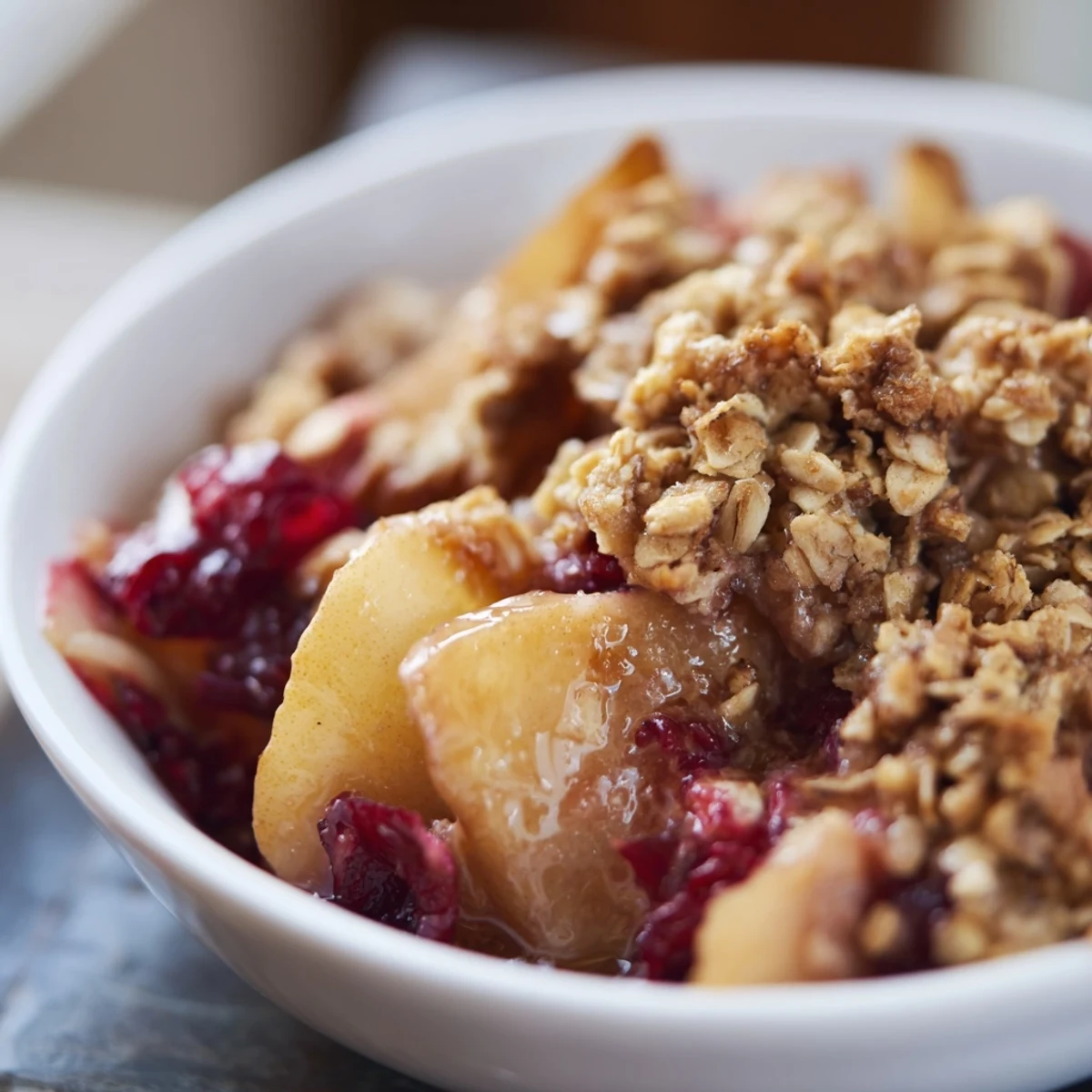 A slice of Spiced Pear and Cranberry Crumble on a plate, revealing soft pears and tart cranberries beneath a buttery, cinnamon-scented oat crumble topping.