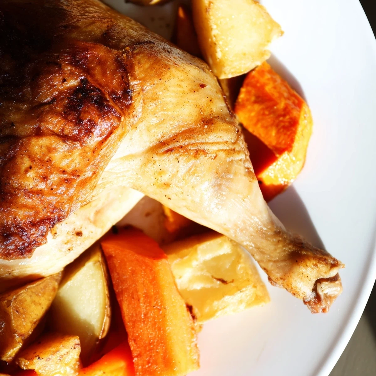 Rustic Roasted Chicken with Root Vegetable Medley emerging from a hot oven, steam rising from crispy skin and herb-speckled carrots and sweet potatoes.